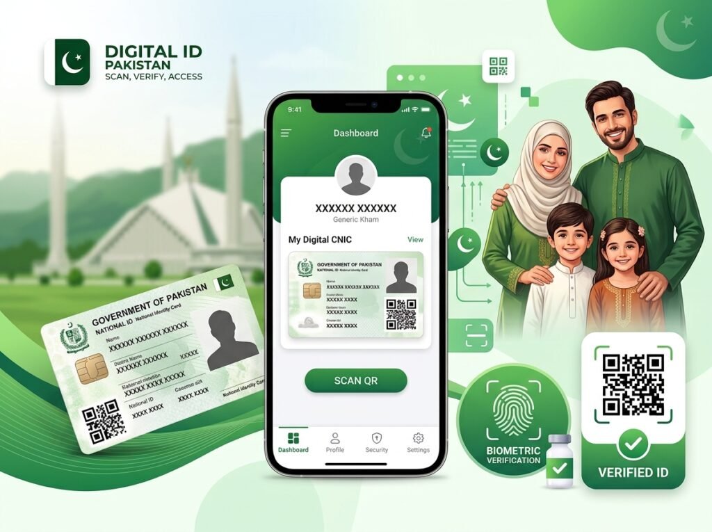 Pak ID app interface showing digital ID, QR scan, and family identity features