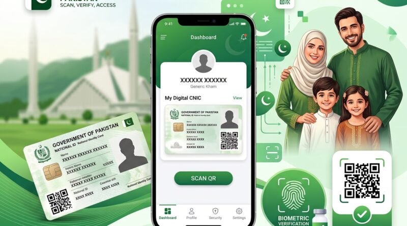 Pak ID app interface showing digital ID, QR scan, and family identity features
