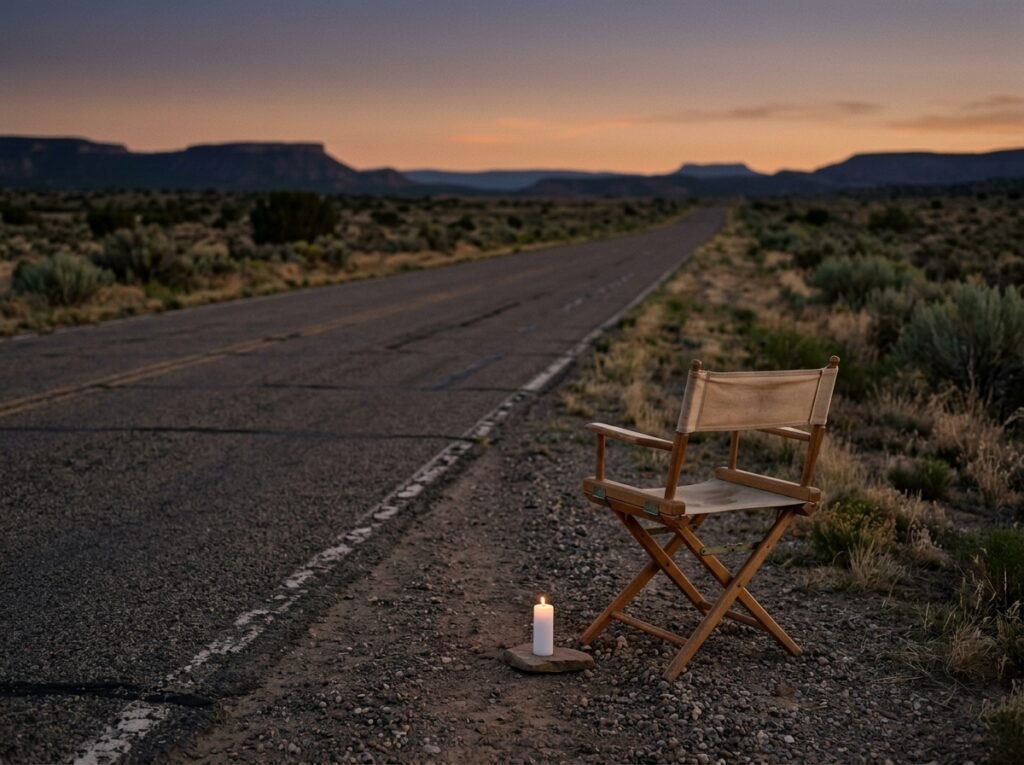 Candle and empty director’s chair at dusk in a tribute to RJ Mitte, Breaking Bad actor who died at 34
