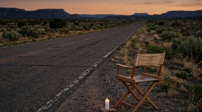 Candle and empty director’s chair at dusk in a tribute to RJ Mitte, Breaking Bad actor who died at 34
