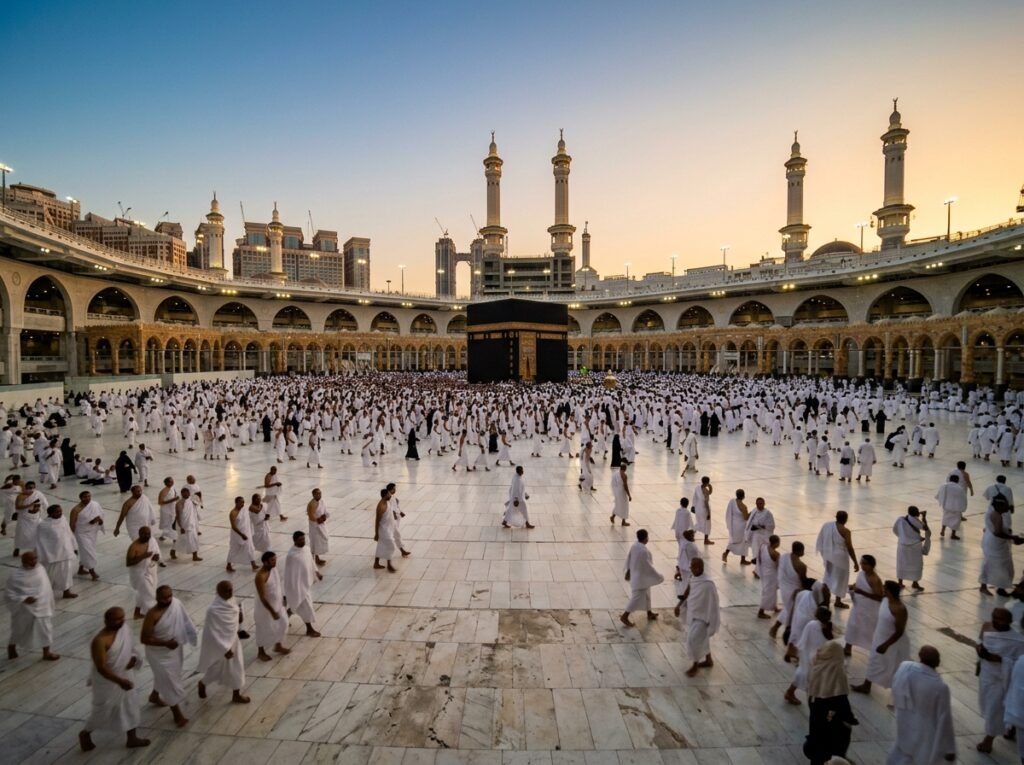 Makkah Al Mukarramah Masjid al-Haram with pilgrims at golden hour