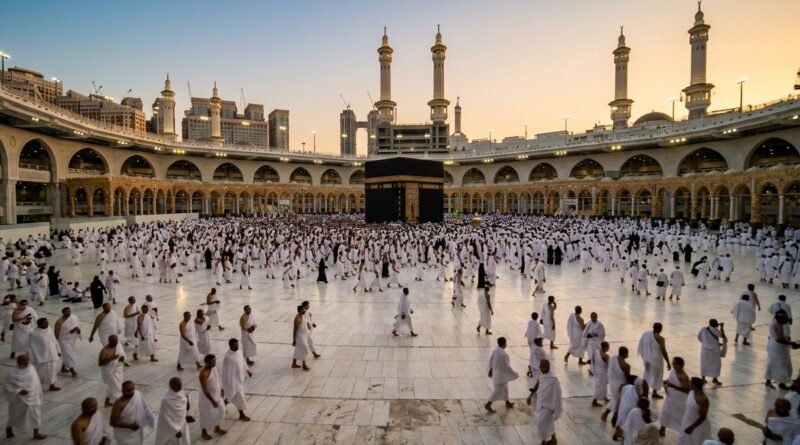 Makkah Al Mukarramah Masjid al-Haram with pilgrims at golden hour