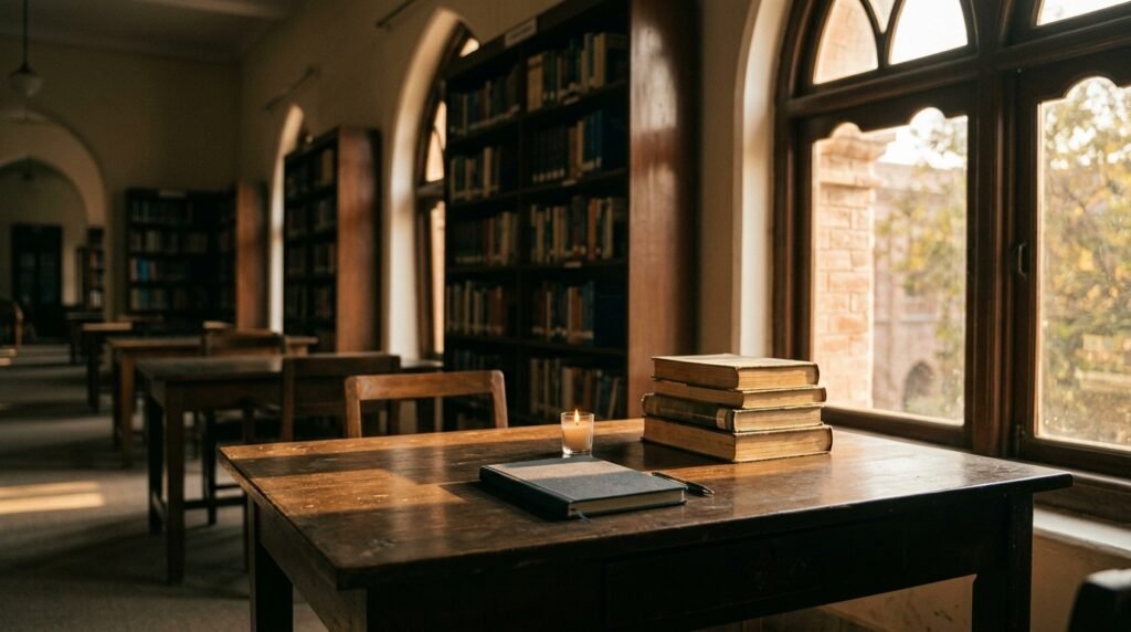 Empty university desk with books and a candle, representing the Islamabad student suicide case