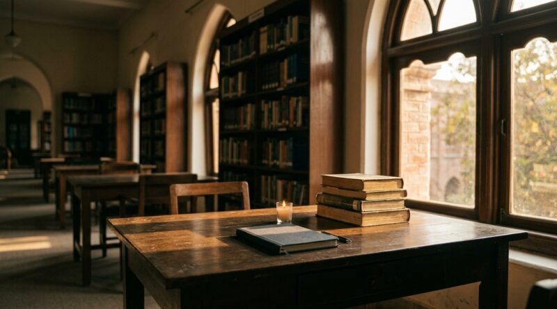 Empty university desk with books and a candle, representing the Islamabad student suicide case