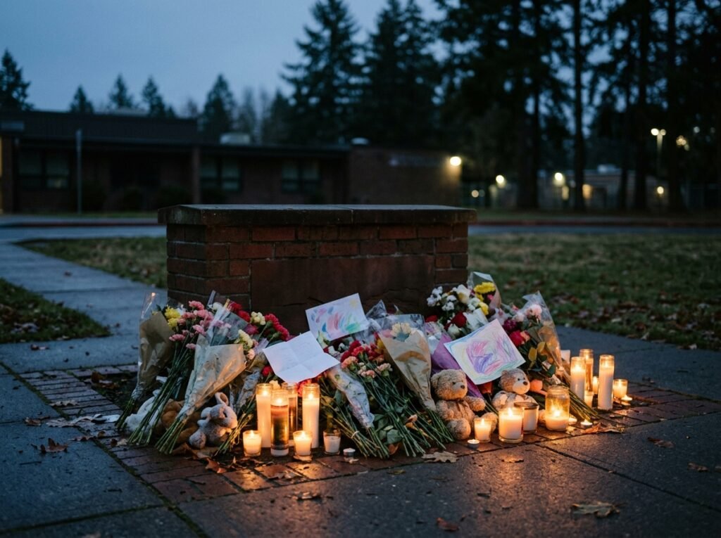 Candles and flowers at a memorial outside an elementary school after the Oregon school shooting in Bend