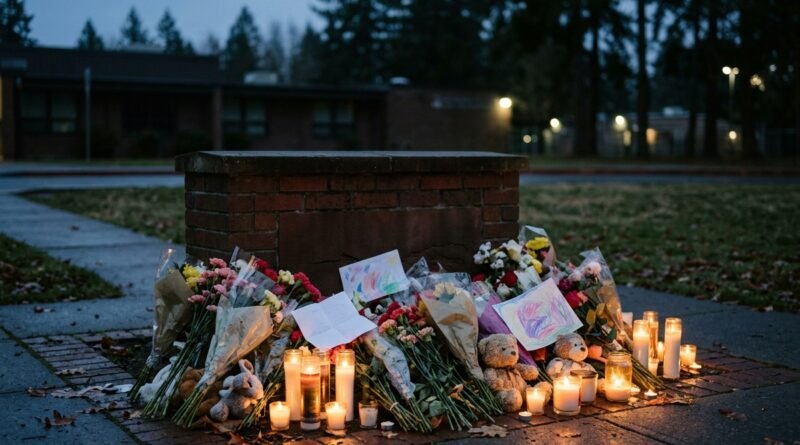 Candles and flowers at a memorial outside an elementary school after the Oregon school shooting in Bend