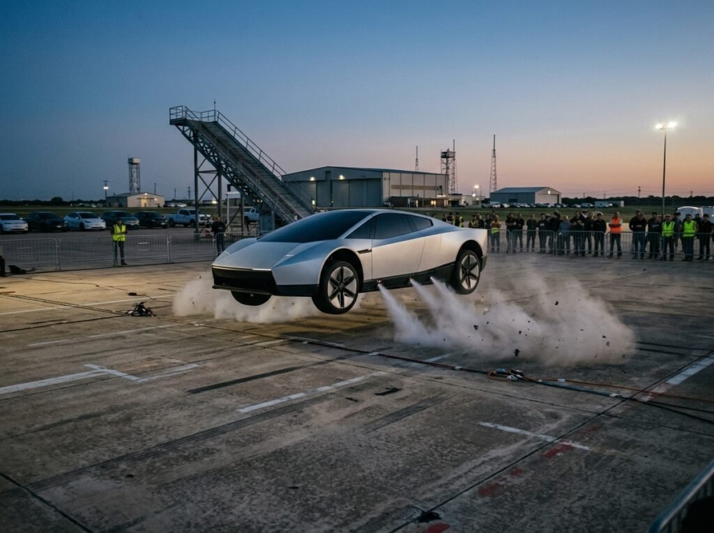 Tesla flying car Roadster hopping off the ground during a night demonstration in Texas