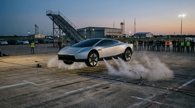 Tesla flying car Roadster hopping off the ground during a night demonstration in Texas