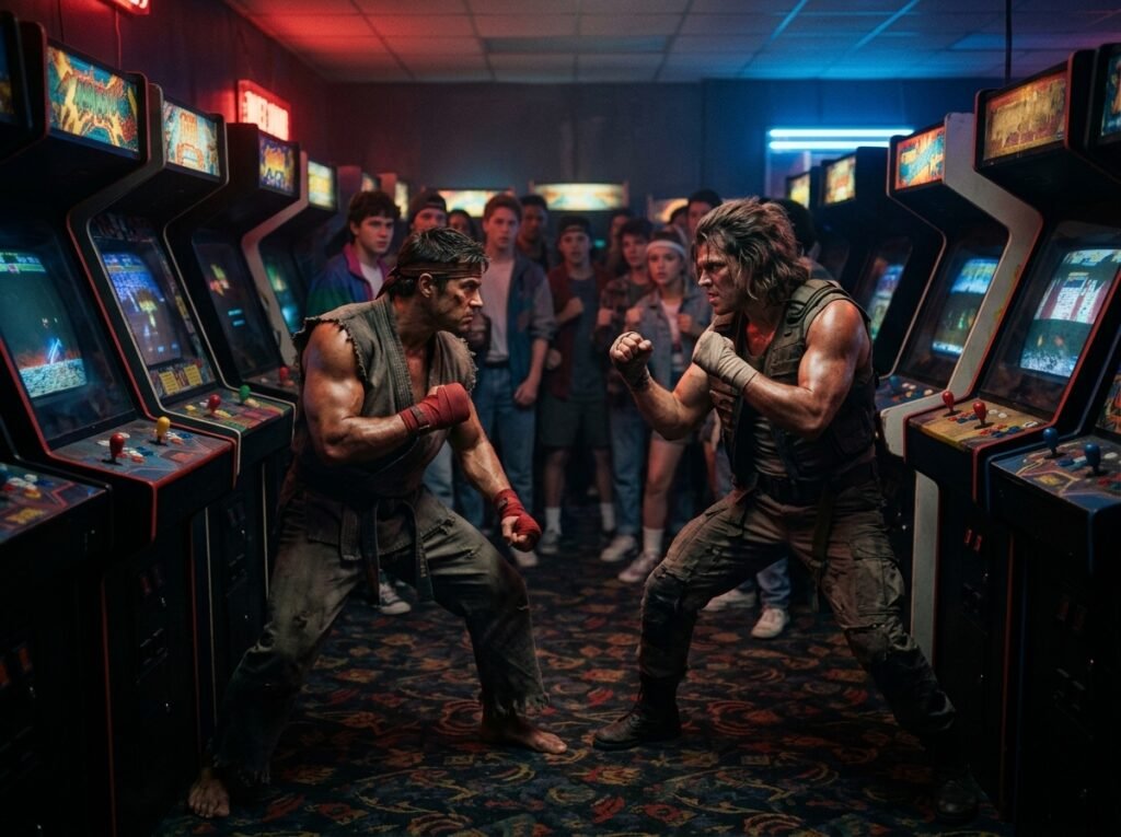 Street Fighter box office opening weekend shown by fighters facing off in a neon arcade scene
