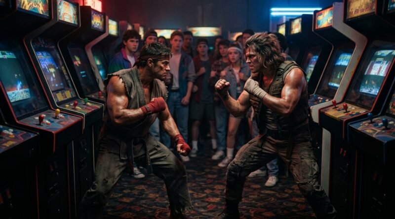 Street Fighter box office opening weekend shown by fighters facing off in a neon arcade scene